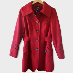 Miss Sixty Women's Red Button Front Wool Blend Faux Leather Trim Pea Coat, M